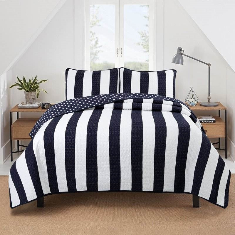 Bedroom > Quilts & Blankets - Full/Queen 3 Piece Navy Blue White Stars Stripes 100-Percent Cotton Quilt Set