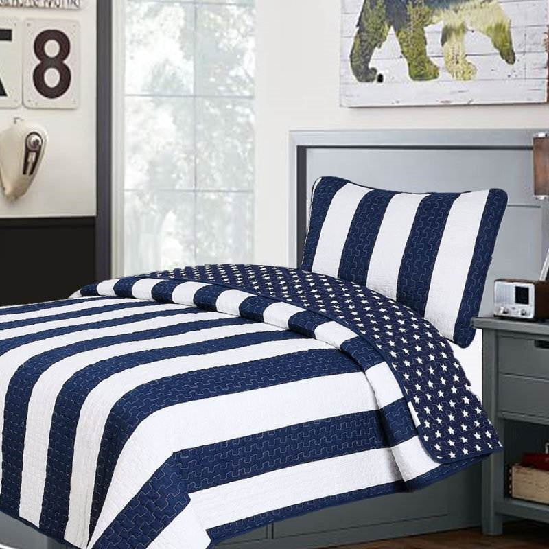 Bedroom > Quilts & Blankets - Full/Queen 3 Piece Navy Blue White Stars Stripes 100-Percent Cotton Quilt Set