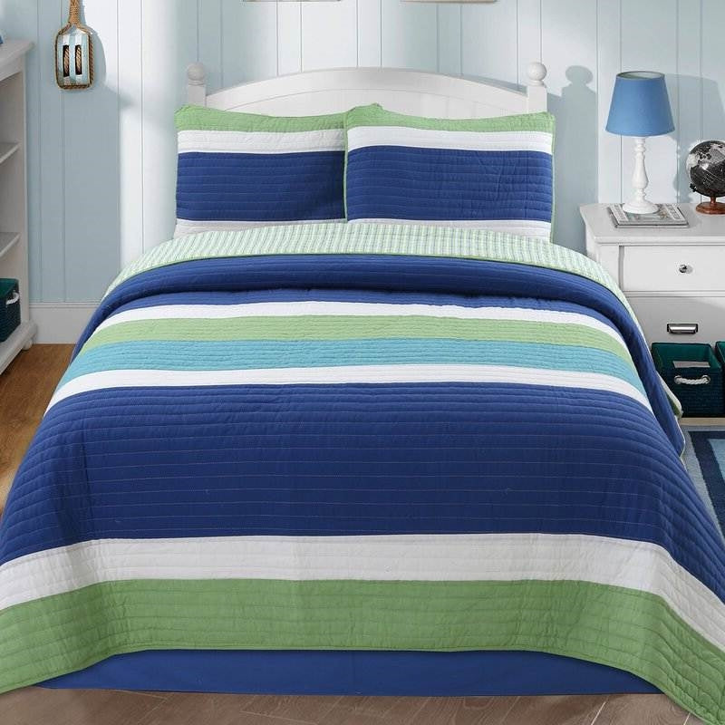 Bedroom > Quilts & Blankets - Full/Queen Navy Blue/Green/Teal/White Stripe 100-Percent Cotton Quilt Set