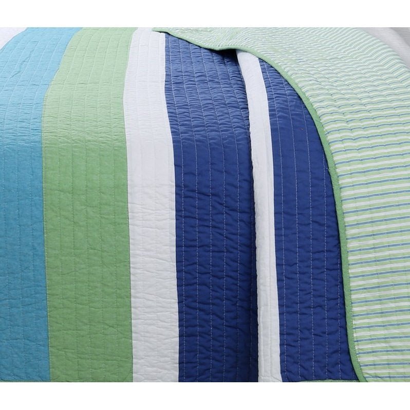 Bedroom > Quilts & Blankets - Full/Queen Navy Blue/Green/Teal/White Stripe 100-Percent Cotton Quilt Set