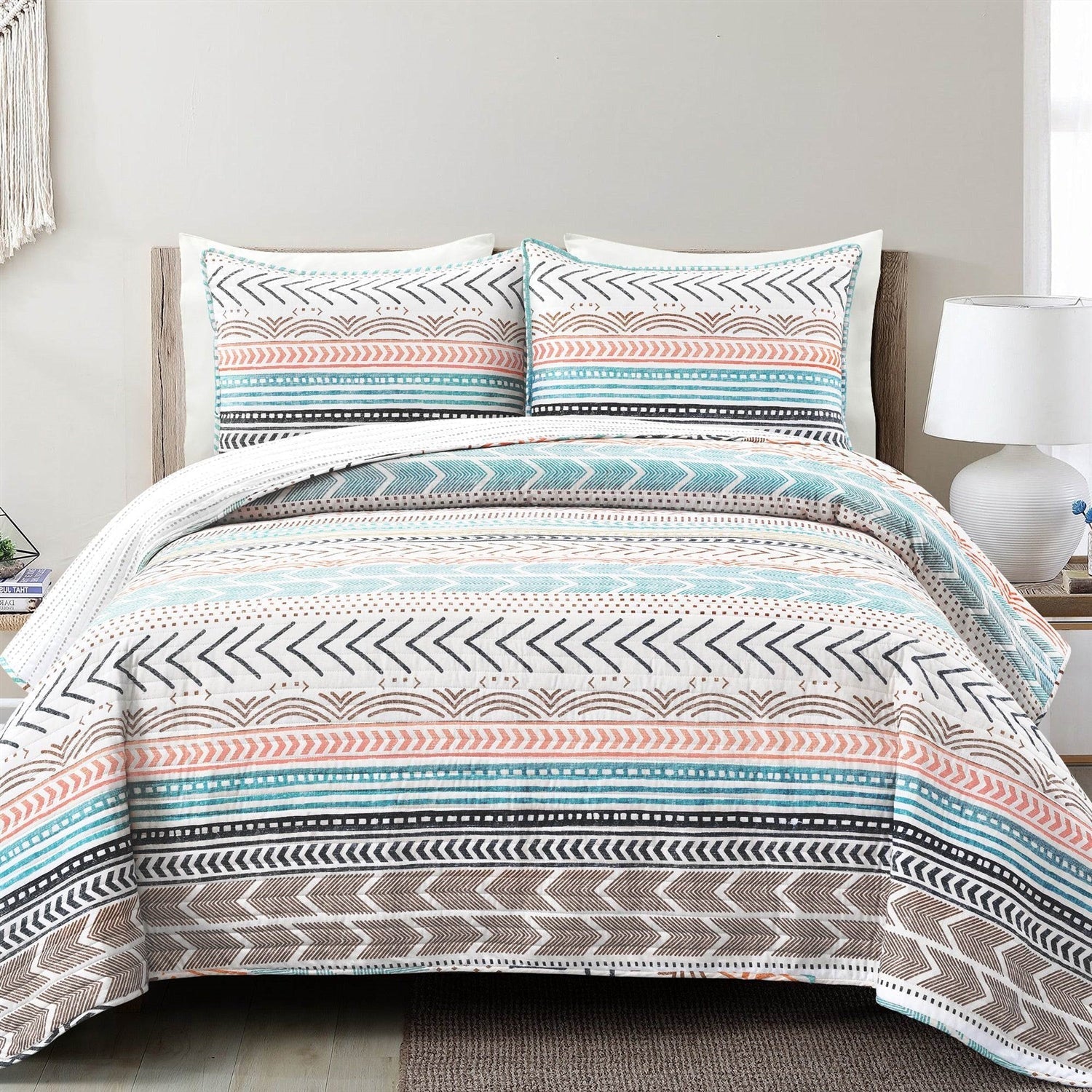 Bedroom > Quilts & Blankets - Full/Queen Scandinavian Chevron Teal White Orange Reversible Cotton Quilt Set