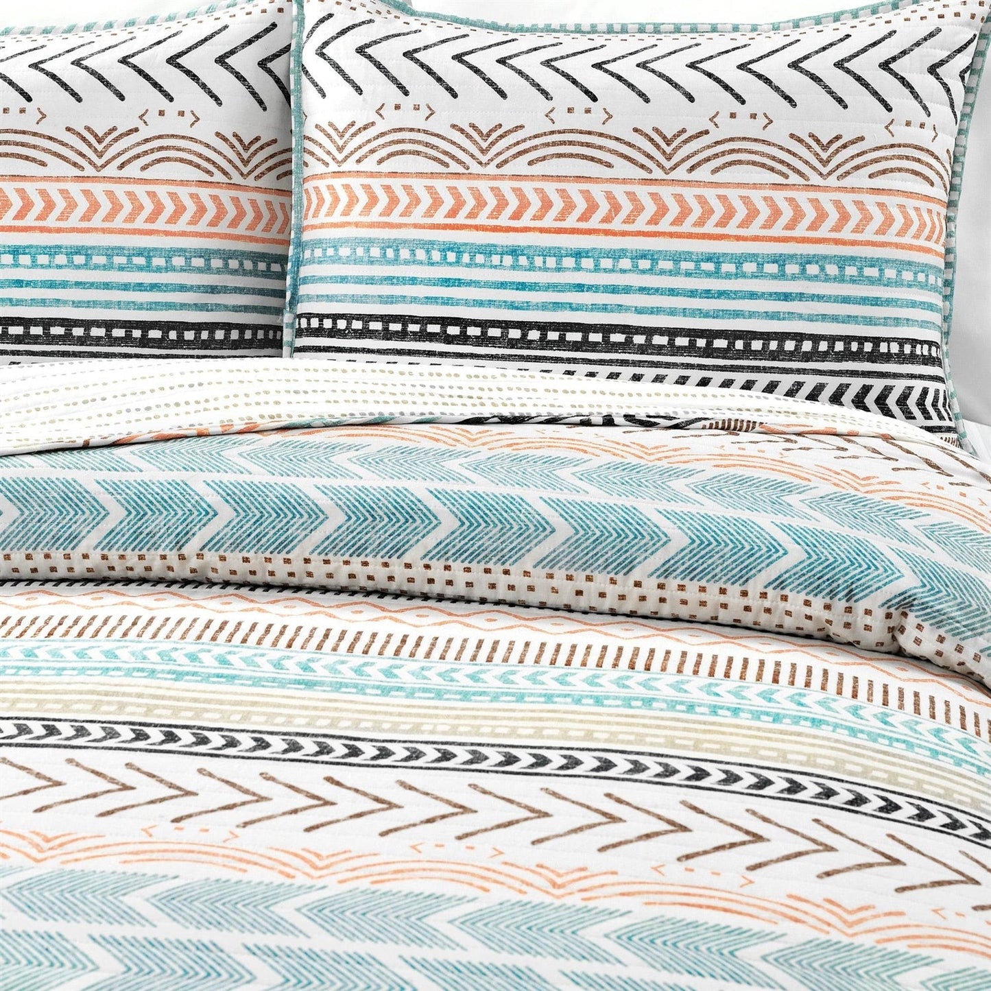 Bedroom > Quilts & Blankets - Full/Queen Scandinavian Chevron Teal White Orange Reversible Cotton Quilt Set