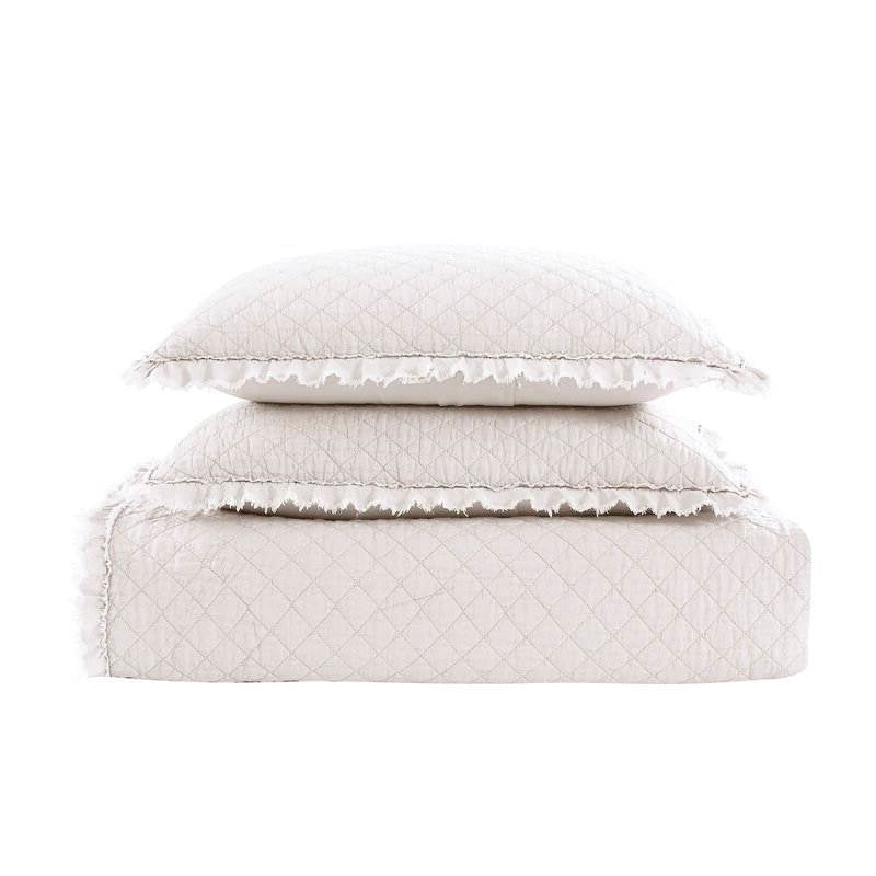 Bedroom > Bedspreads - Full Queen White Farmhouse Microfiber Diamond Quilted Bedspread Set Frayed Edges