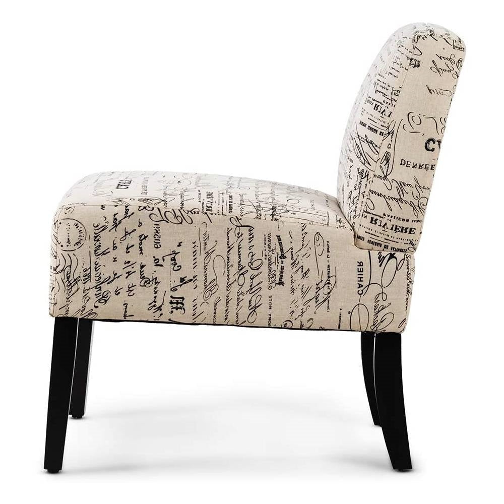 Living Room > Sofas - Modern Accent Chair Off-White French Cursive Pattern Upholstery With Black Wood Legs