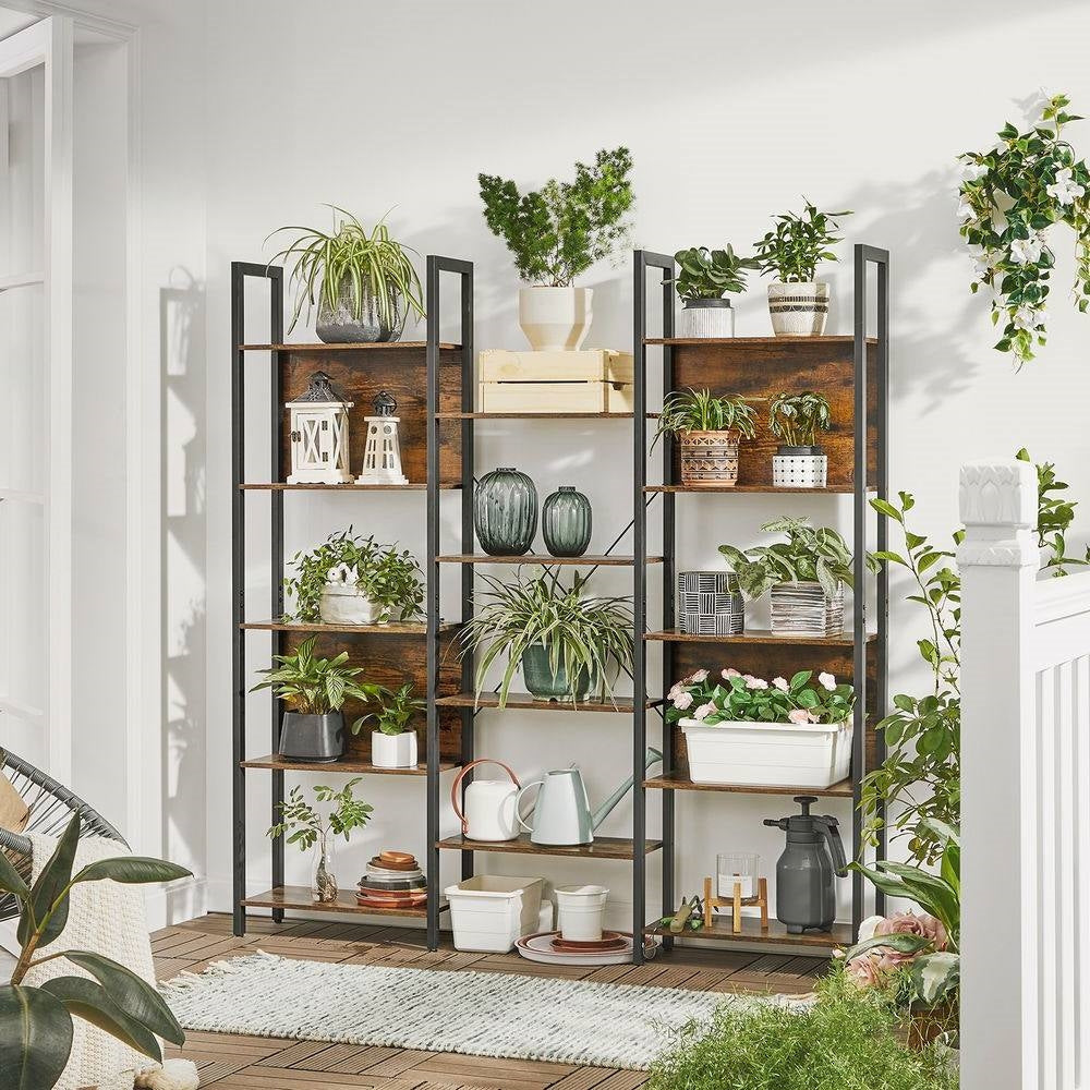 Living Room > Bookcases - Industrial Farmhouse Rustic Brown Wood Black Metal 14-Shelf Bookcase