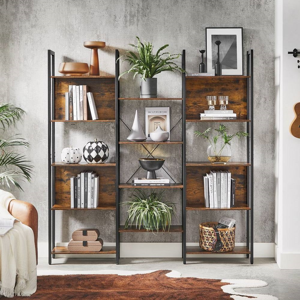 Living Room > Bookcases - Industrial Farmhouse Rustic Brown Wood Black Metal 14-Shelf Bookcase