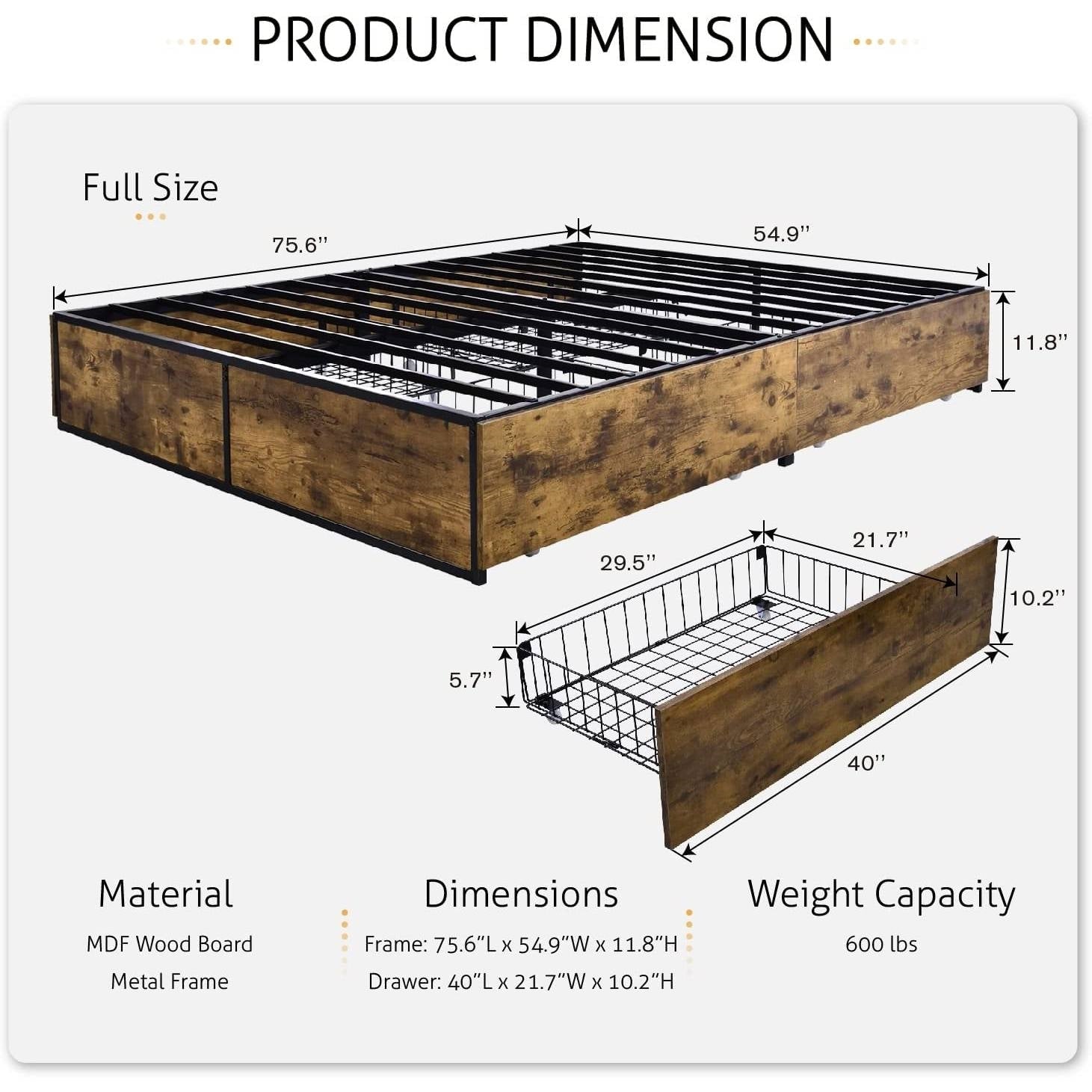 Bedroom > Bed Frames > Platform Beds - Full Metal Wood Platform Bed Frame With 4 Storage Drawers - 600 Lbs Max Weight