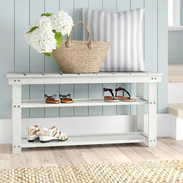 Accents > Shoe Racks - White Slatted Wood 2-Shelf Shoe Rack Storage Bench For Entryway Or Closet