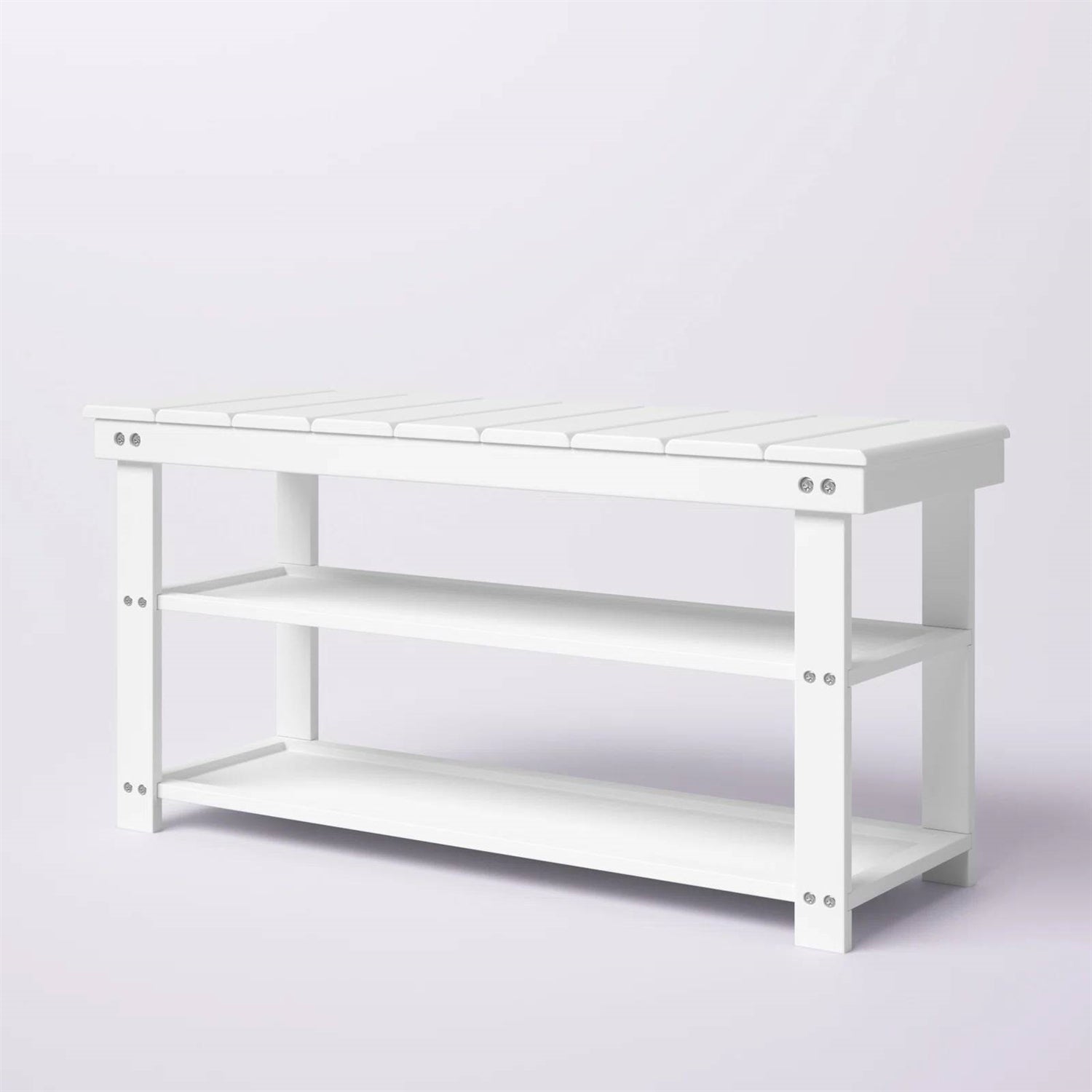 Accents > Shoe Racks - White Slatted Wood 2-Shelf Shoe Rack Storage Bench For Entryway Or Closet