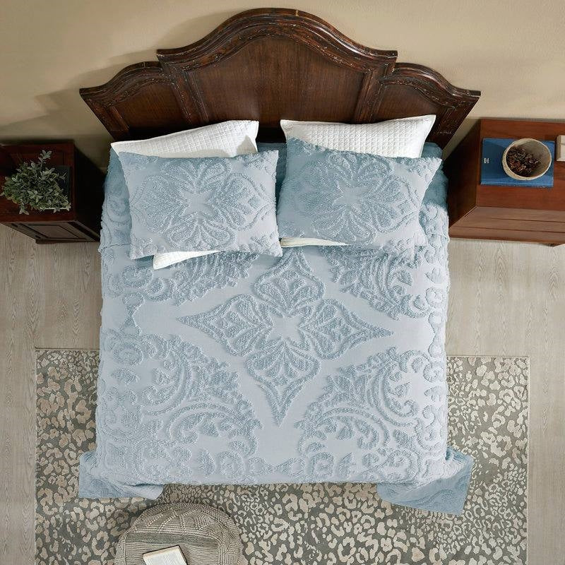 Bedroom > Bedspreads - Full Size 100-Percent Cotton Chenille 3-Piece Coverlet Bedspread Set In Blue