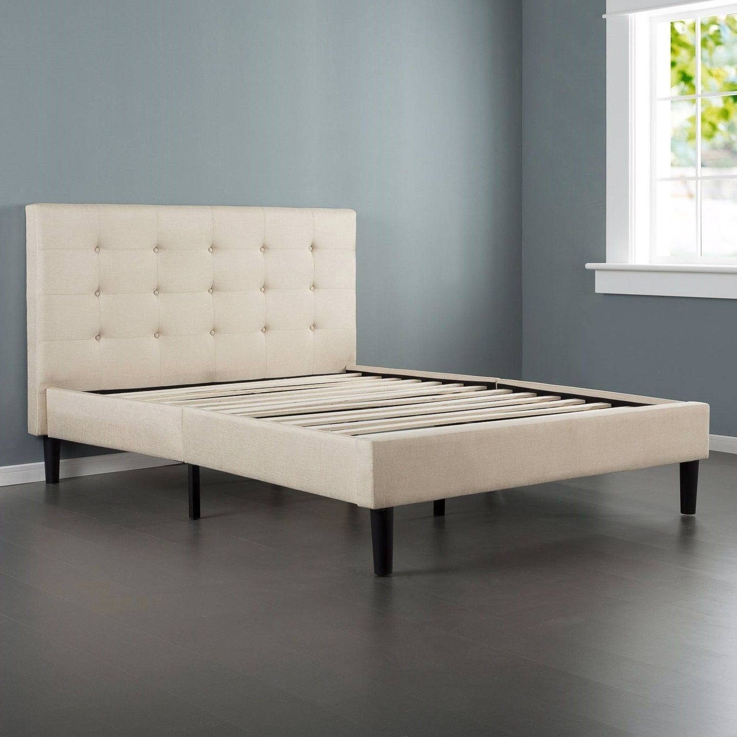 Bedroom > Bed Frames > Platform Beds - Full Size Platform Bed Frame With Taupe Button Tufted Upholstered Headboard