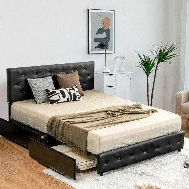 Bedroom > Bed Frames > Platform Beds - Full Size Black PU Leather Button Tufted Platform Bed With 4 Storage Drawers