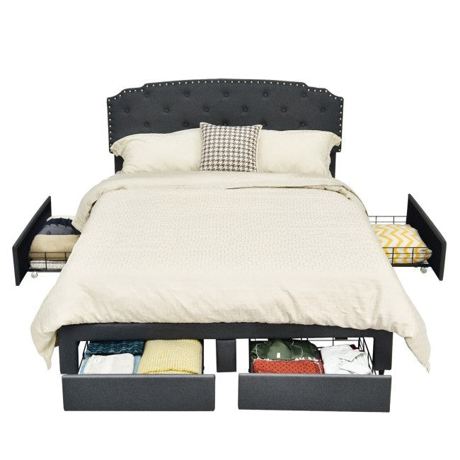 Bedroom > Bed Frames > Platform Beds - Full Size Grey Linen Adjustable Headboard 4 Drawer Storage Platform Bed