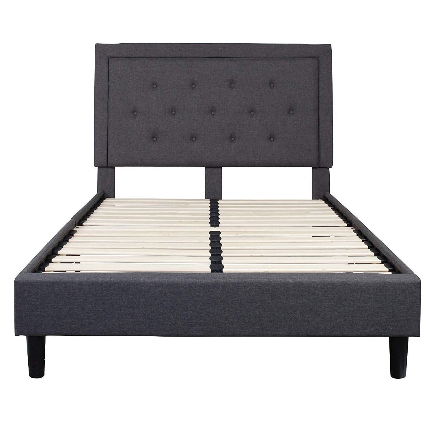Bedroom > Bed Frames > Platform Beds - Full Size Dark Grey Fabric Upholstered Platform Bed Frame With Tufted Headboard