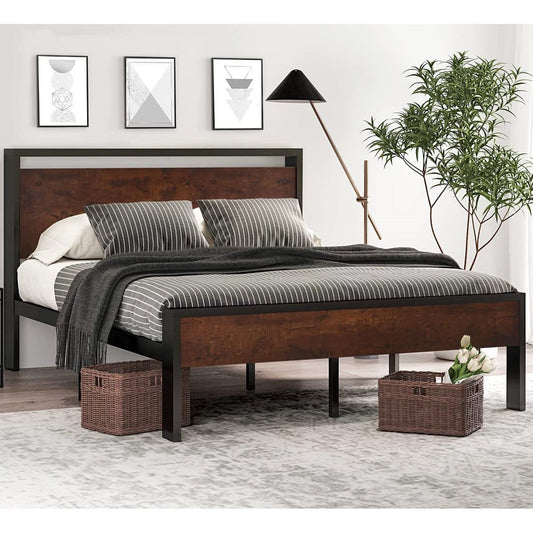 Bedroom > Bed Frames > Platform Beds - Full Metal Platform Bed Frame With Mahogany Wood Panel Headboard Footboard