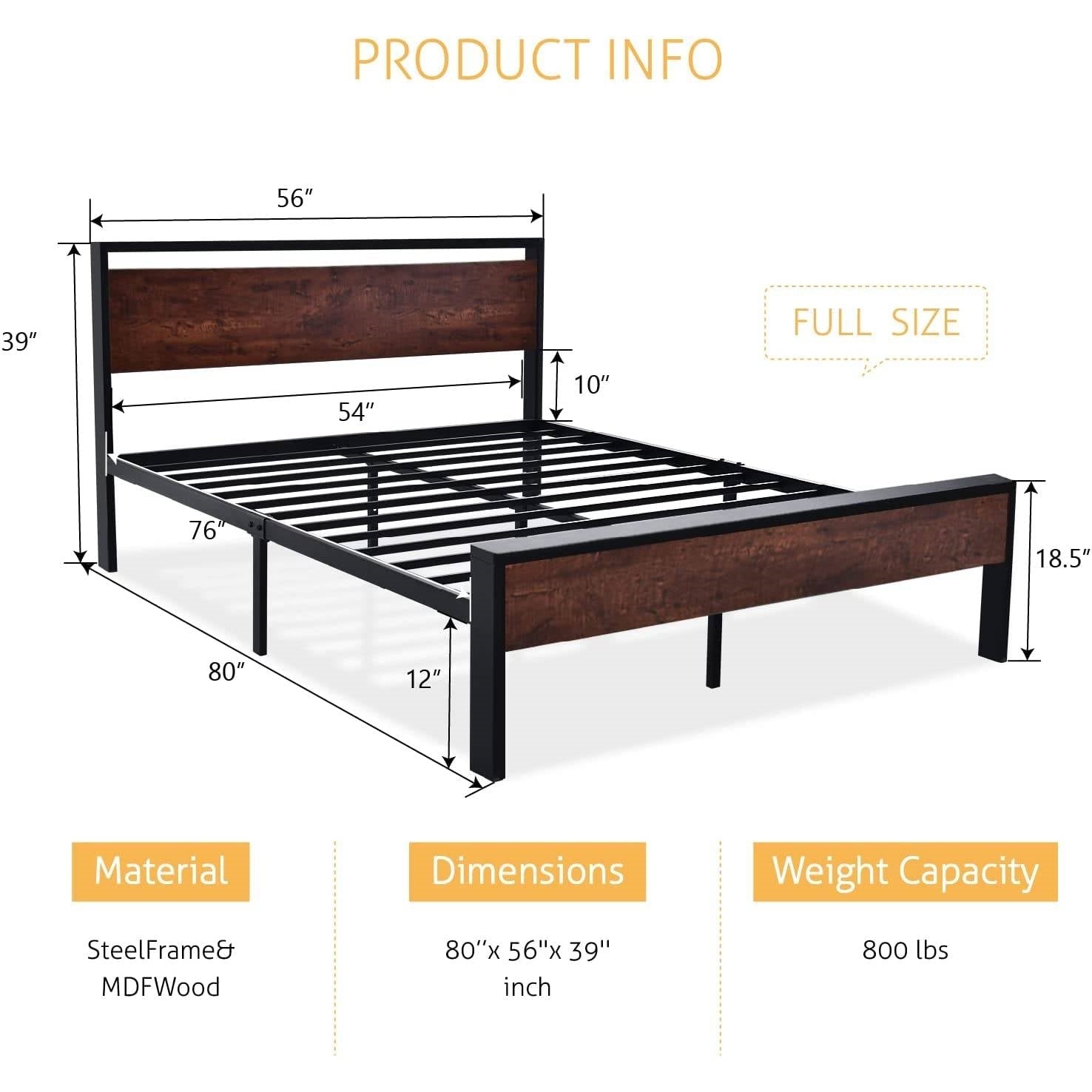 Bedroom > Bed Frames > Platform Beds - Full Metal Platform Bed Frame With Mahogany Wood Panel Headboard Footboard