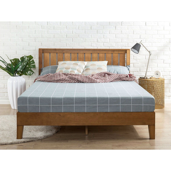 Bedroom > Bed Frames > Platform Beds - Full Size Solid Wood Platform Bed Frame With Headboard In Medium Brown Finish