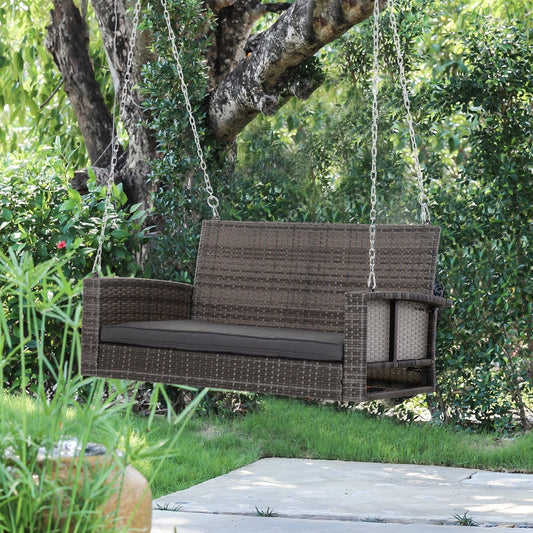 Outdoor > Outdoor Furniture > Porch Swings And Gliders - Grey Tones Wicker Porch Swing 7ft Hanging Chain With Dark Grey Padded Cushion