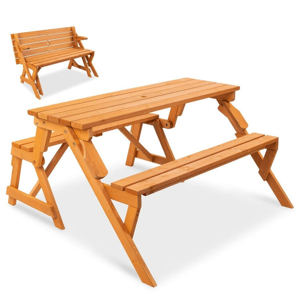 Outdoor > Outdoor Furniture > Garden Benches - Outdoor Interchangeable 2 In 1 Multi-Use Wooden Picnic Table Garden Bench Umbrella Hole
