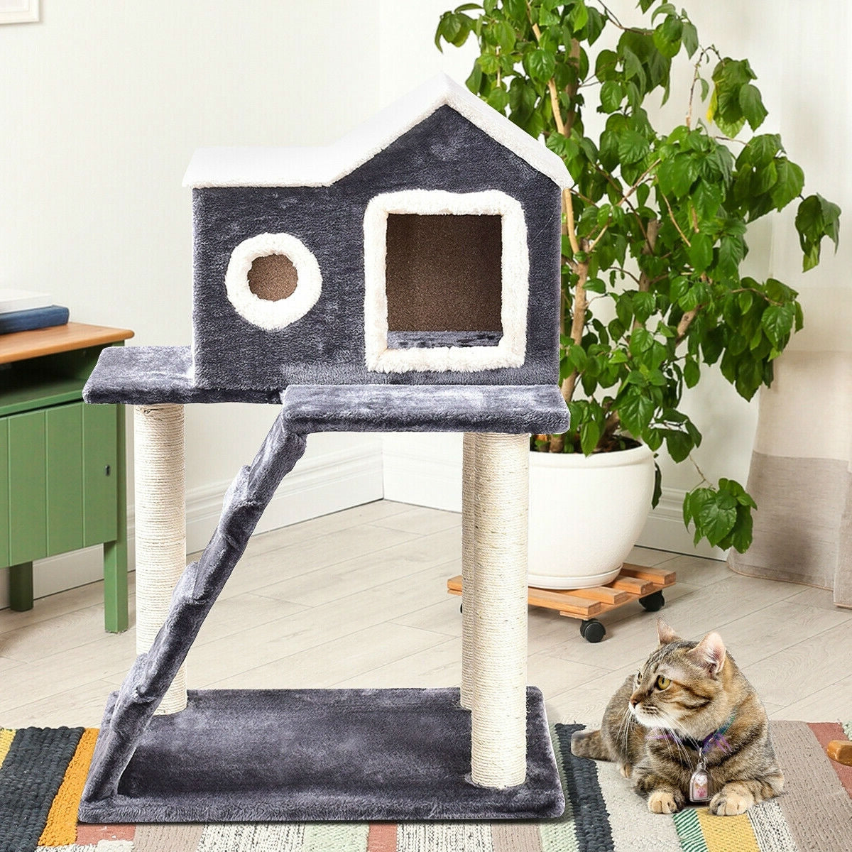Bedroom > Cat And Dog Beds - Gray 36 Inch Tower Condo Scratching Post Ladder Cat Tree House