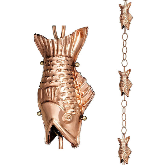 Outdoor > Gardening > Rain Chains - Pure Polished Copper 8.5 Foot Rain Chain With 4 Fish
