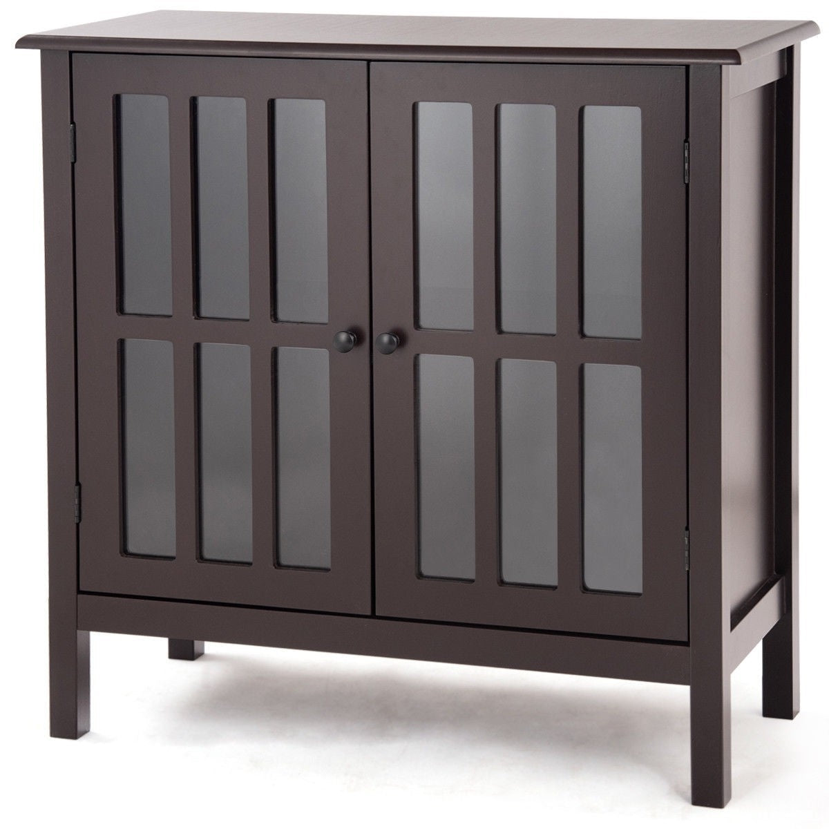 Dining > Sideboards & Buffets - Brown Wood Sideboard Buffet Cabinet With Glass Panel Doors