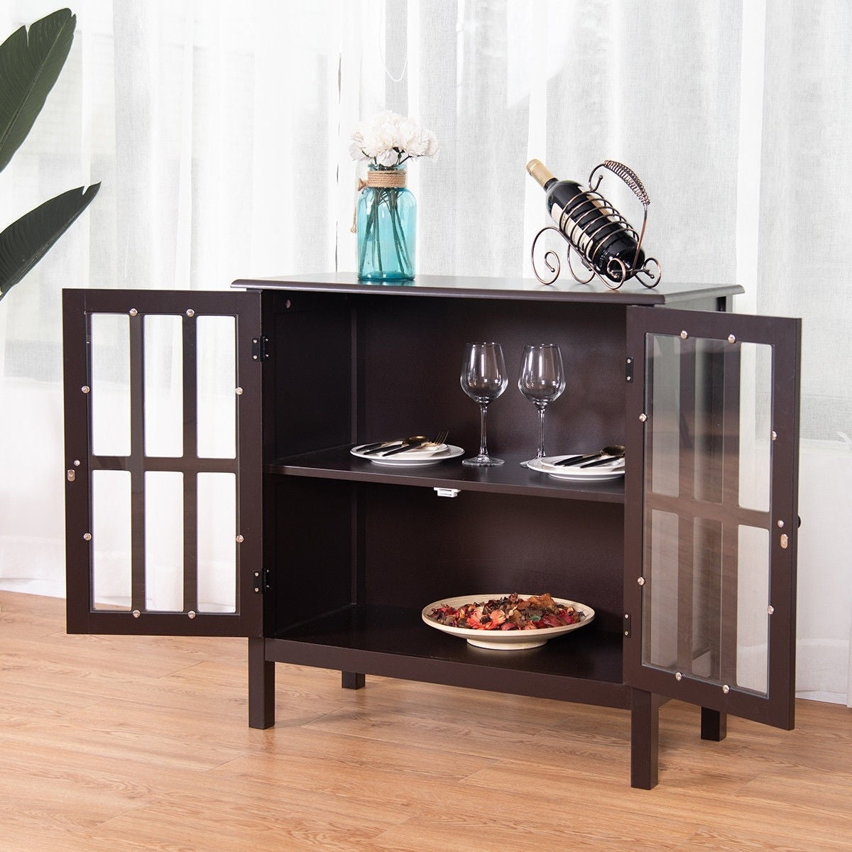 Dining > Sideboards & Buffets - Brown Wood Sideboard Buffet Cabinet With Glass Panel Doors