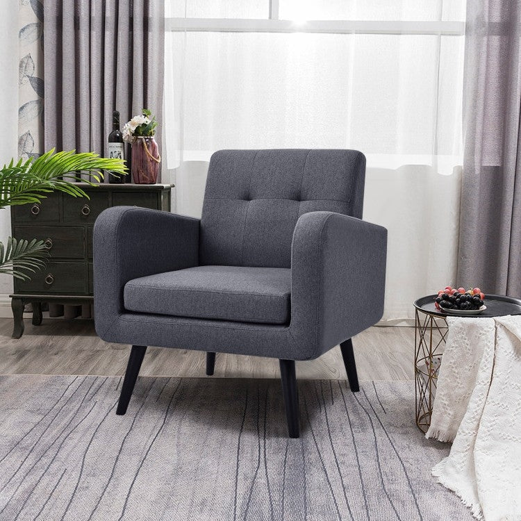 Living Room > Accent Chairs - Mid-Century Modern Grey Linen Upholstered Accent Chair With Wooden Legs