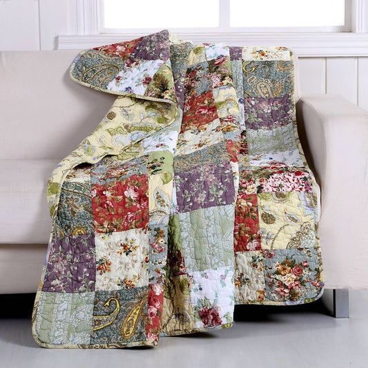 Bedroom > Quilts & Blankets - Red Green Blue Purple Yellow White 100-Percent Cotton Floral Patchwork Quilt Throw Blanket