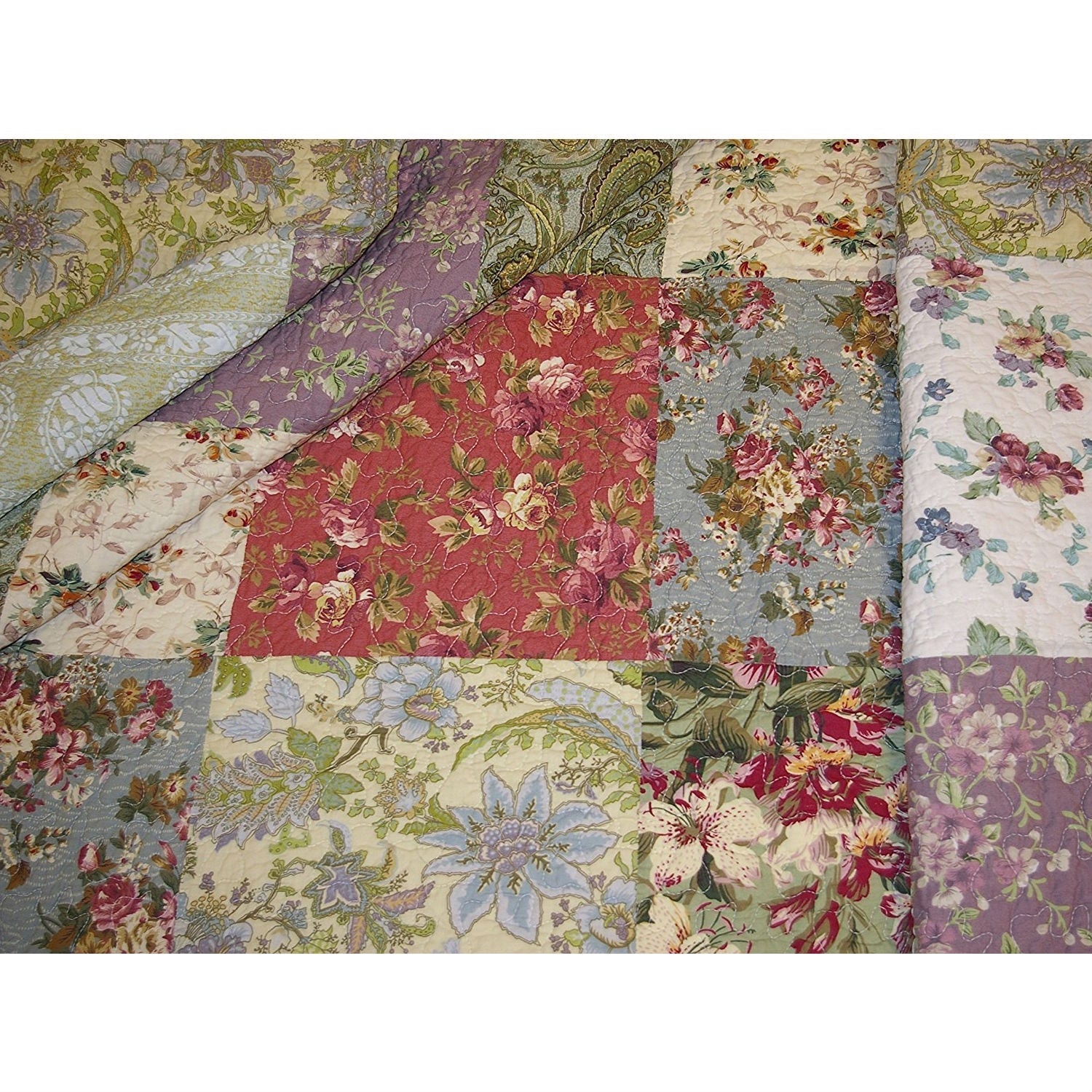 Bedroom > Quilts & Blankets - Red Green Blue Purple Yellow White 100-Percent Cotton Floral Patchwork Quilt Throw Blanket