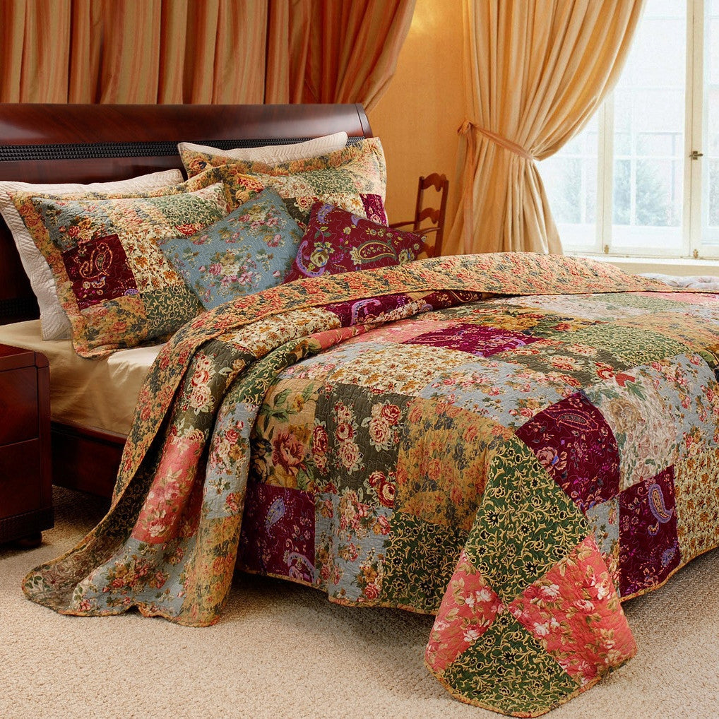 Bedroom > Quilts & Blankets - Full / Queen Size 100% Cotton Patchwork Quilt Set With Floral Paisley Pattern
