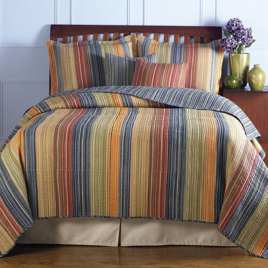 Bedroom > Quilts & Blankets - Full / Queen 100% Cotton Quilt Set With Red Orange Blue Brown Stripes