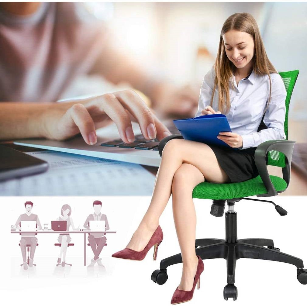 Office > Office Chairs - Green Modern Mid-Back Ergonomic Mesh Office Desk Chair With Armrest On Wheels