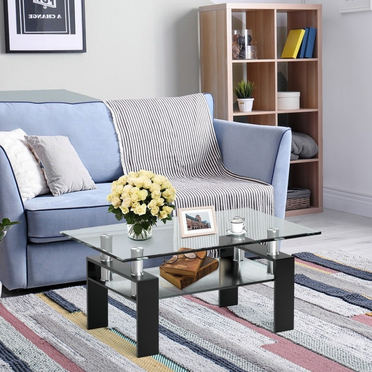 Living Room > Coffee Tables - Modern 2 Tier Glass Coffee Table With Black Metal Legs