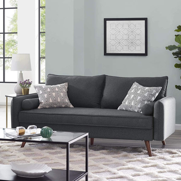 Living Room > Sofas - Modern Grey Fabric Upholstered Sofa With Mid-Century Style Wood Legs