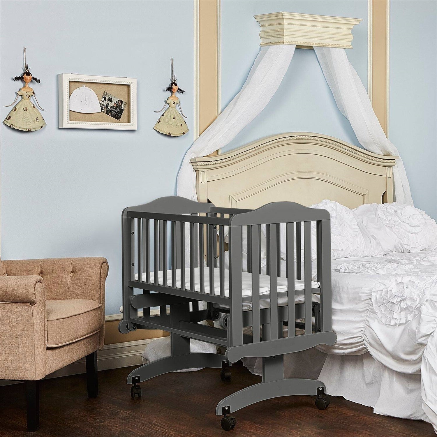 Bedroom > Baby & Kids - Grey Rock A Bye Baby Glider Cradle With Locking Casters And Crib Mattress