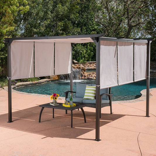 Outdoor > Gazebos & Canopies - Outdoor Patio Steel Frame Gazebo Pergola With Grey Water Resistant Sun Shade