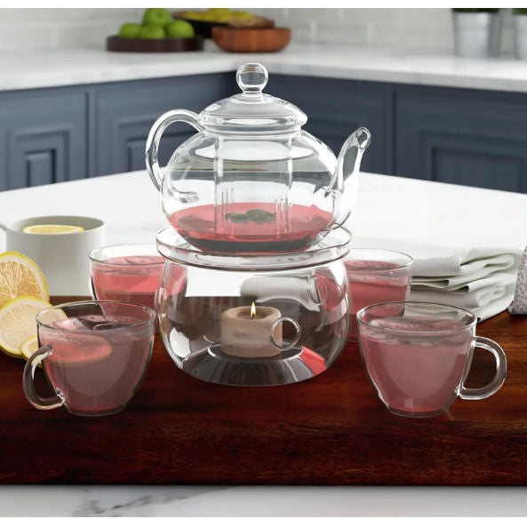 Kitchen > Teapots - 6-Piece Glass Tea Pot Set With 4 Cups Teapot Warmer And Infuser