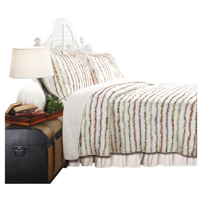 Bedroom > Quilts & Blankets - Full / Queen 100% Cotton Quilt Set Ruffled Multi-color Stripes