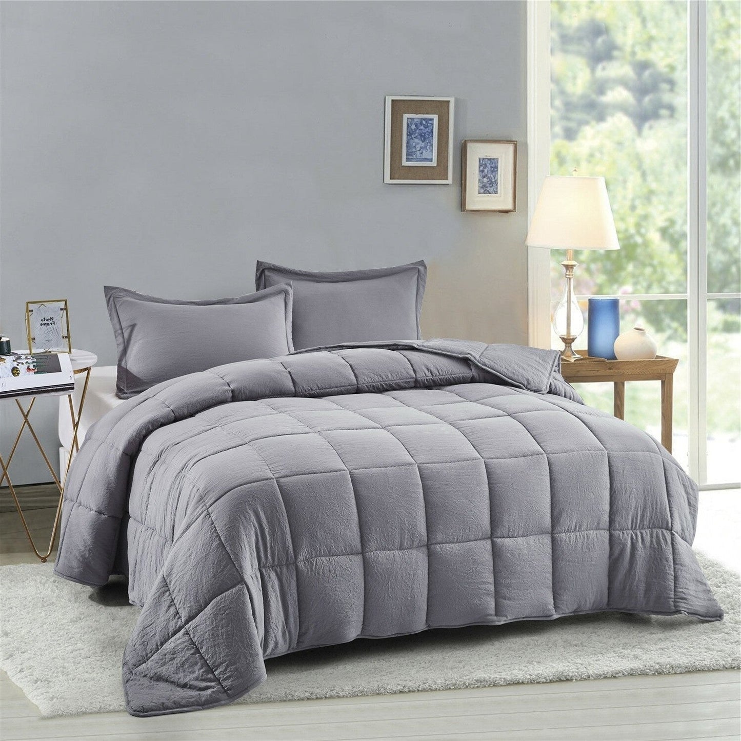 Bedroom > Comforters And Sets - Queen Size Grey 3 Piece Microfiber Reversible Comforter Set