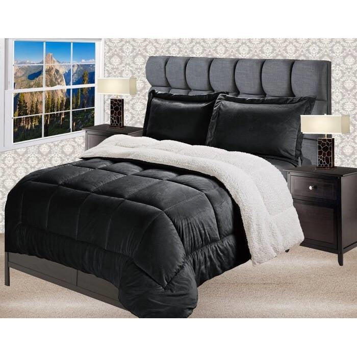 Bedroom > Comforters And Sets - Queen Size 3 Piece Ultra Soft Sherpa Wrinkle Resistant Comforter Set In Black