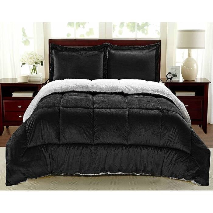 Bedroom > Comforters And Sets - Queen Size 3 Piece Ultra Soft Sherpa Wrinkle Resistant Comforter Set In Black