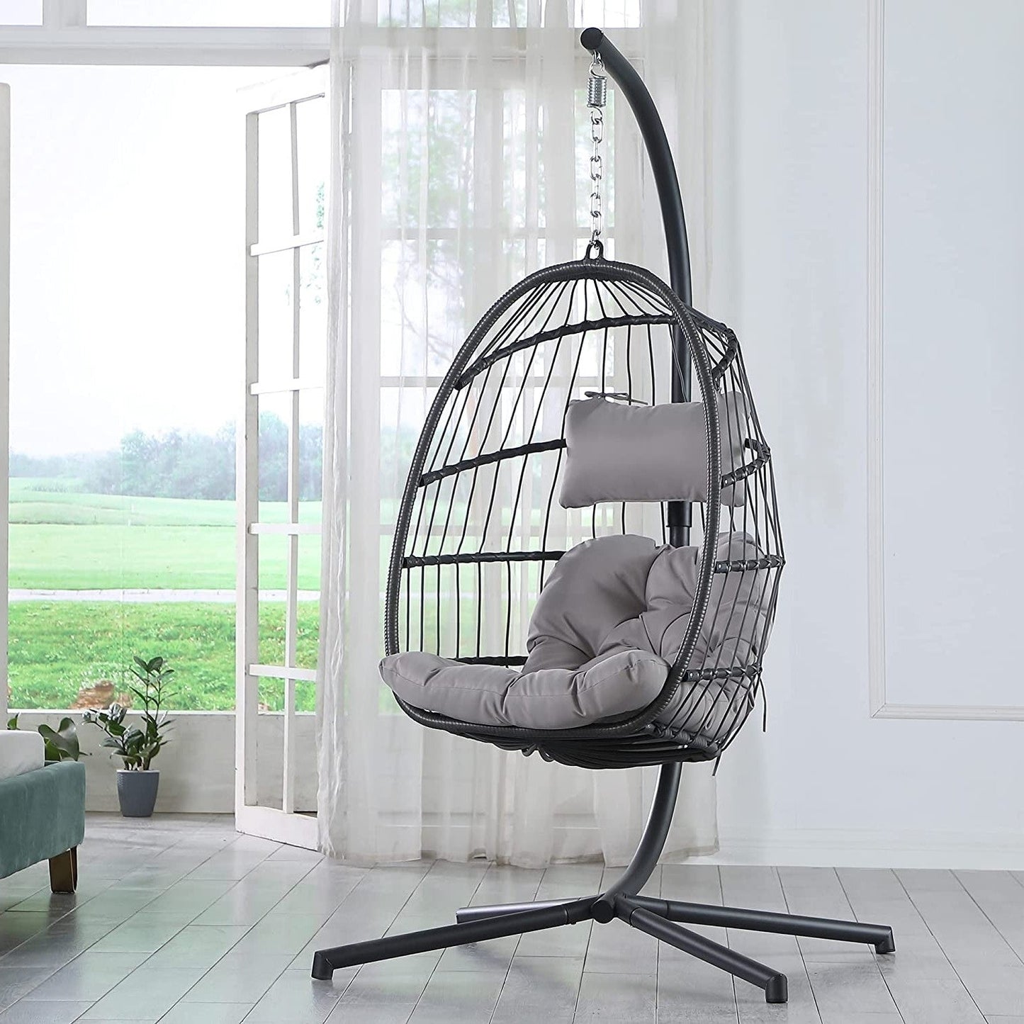 Outdoor > Outdoor Furniture > Porch Swings And Gliders - Grey Indoor/Outdoor Wicker Rattan Aluminum Frame Swing Egg Chair Hammock