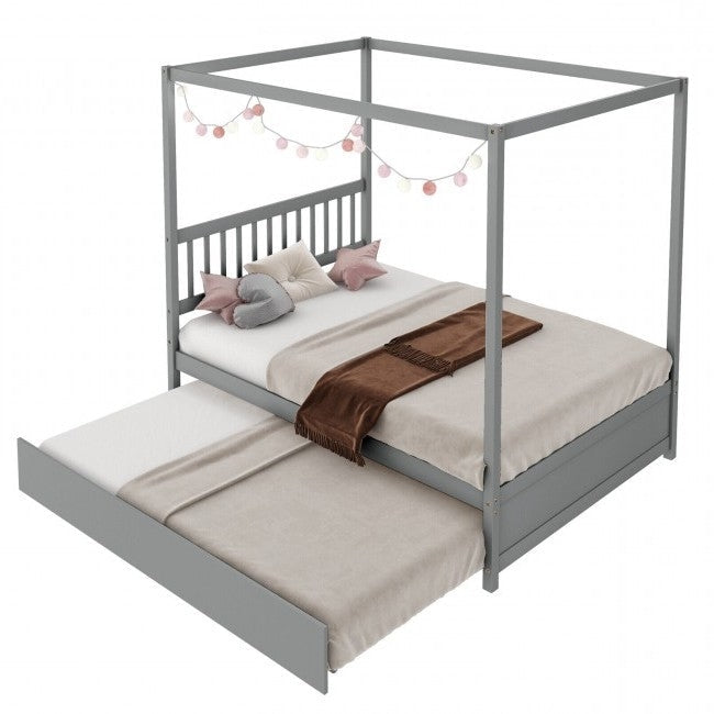 Bedroom > Bed Frames > Canopy Beds - Gray Full Size Canopy Platform Bed With Twin Roller Trundle Bed