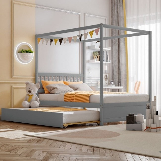 Bedroom > Bed Frames > Canopy Beds - Gray Full Size Canopy Platform Bed With Twin Roller Trundle Bed