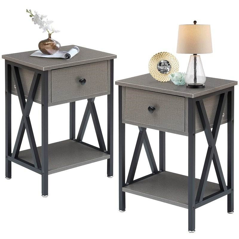 Bedroom > Nightstand And Dressers - Set Of 2 - 1 Drawer Nightstand In Grey And Black Wood Finish