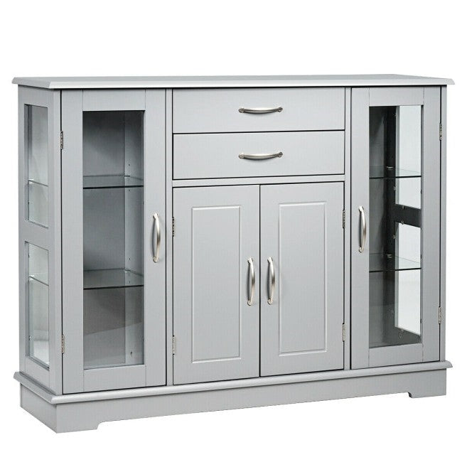 Dining > Sideboards & Buffets - Grey Wood Buffet Sideboard Cabinet With Glass Display Doors