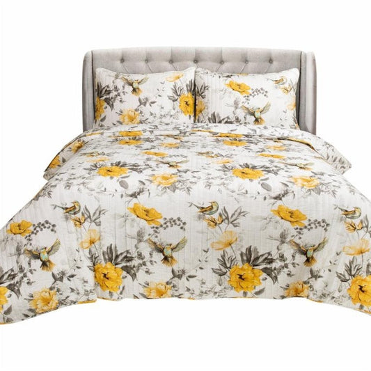 Bedroom > Quilts & Blankets - Full/Queen 3 Piece White Yellow Grey Reversible Floral Birds Cotton Quilt Set
