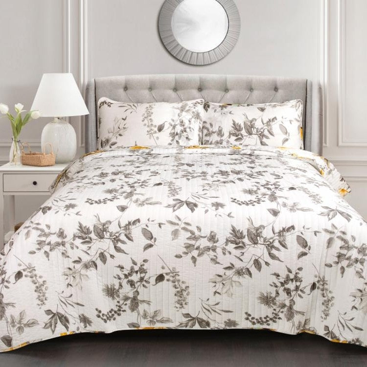 Bedroom > Quilts & Blankets - Full/Queen 3 Piece White Yellow Grey Reversible Floral Birds Cotton Quilt Set