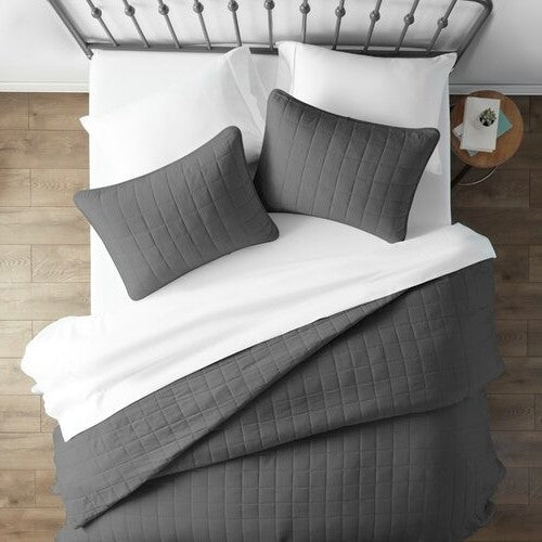 Bedroom > Quilts & Blankets - 3 Piece Microfiber Farmhouse Coverlet Bedspread Set Grey, Full/Queen